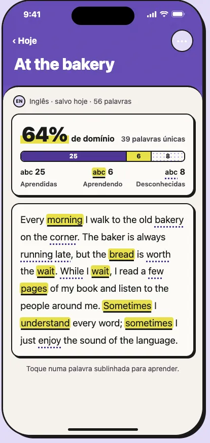 Mockup da tela de leitura do Disce: texto em inglês com palavras destacadas e resumo de 64% de domínio