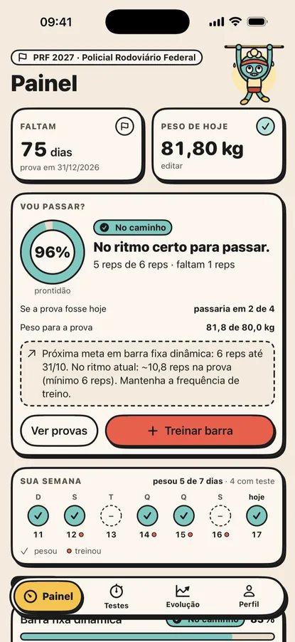 Captura do painel do Movent: contagem regressiva para a prova, peso de hoje, prontidão e resumo da semana